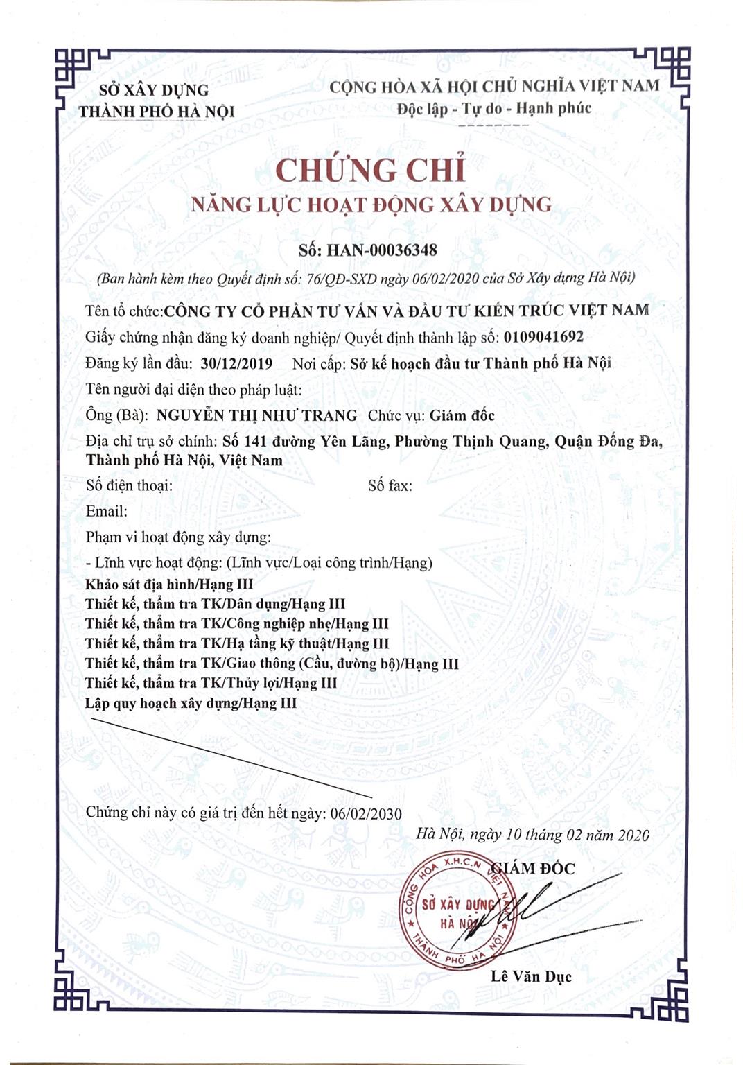 Chứng chỉ năng lực hoạt động xây dựng VNIC